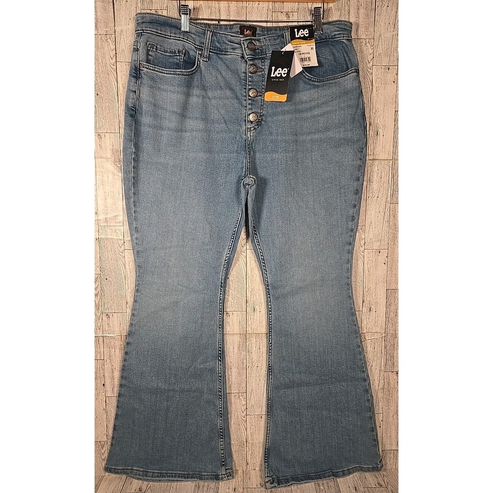 Lee Flare Jeans 18 PETITE High Rise Button Up Light Wash Clear Fade NEW